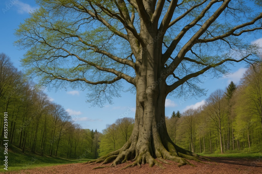 Obraz premium An ancient beech tree showcasing a stunning trunk