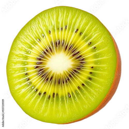  Sliced Kiwi Fruit with Visible Seeds and Juicy Core, Glowing Green Color and Fuzzy Texture, Isolated on a Pure White Background in a Fresh and Vibrant Food Photography Style