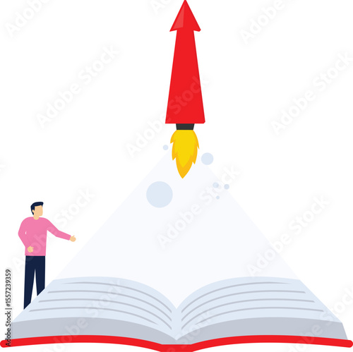 Knowledge advances and grows. Businessman shooting arrowhead with a book vector

