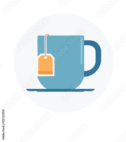A blue mug of tea with tea bag on saucer