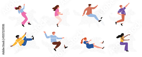 Happy people ride white cloud horses set. Flight of cute soft cotton pony with equestrian in air, funny man and woman riders riding bubble horses in blue sky heaven cartoon vector illustration