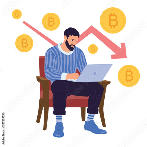 Vector illustration of a man analyzing Bitcoin price drop, crypto dump, symbolizing cryptocurrency market volatility and financial losses in digital assets.
