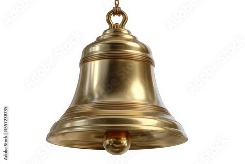 A gleaming polished brass bell suspended by a golden chain against a white background