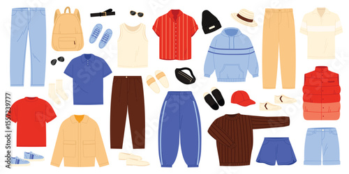 Men fashion clothes for casual outfit set. Summer spring fall season wardrobe collection with jeans pants shirt bag shoes jacket sweater sweatshirt cap vest backpack cartoon vector illustration