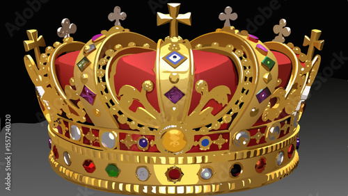 golden crown with red velvet and multi-colored jewels, featuring a prominent cross on top, against a dark background