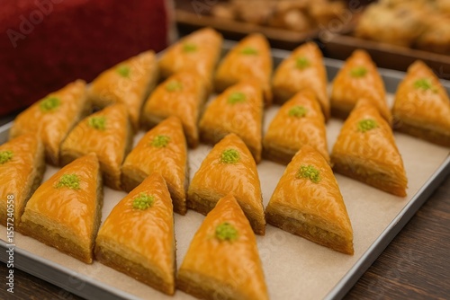 Delicious triangular baklava pastry on display at the festival