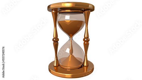 golden hourglass with sand flowing through it, against a pure isolated on white background