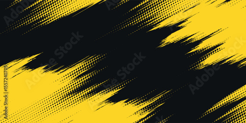 Abstract Geometric Yellow Frame Grunge Texture With Halftone Pattern Design In Black Background