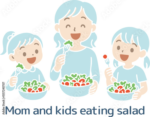 サラダを食べるファミリー（主線なし）
Family eating salad (no main line)