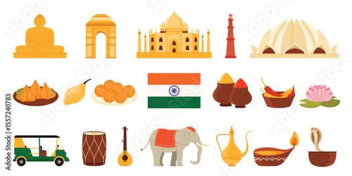 Travel to India infographic set. Indian culture elements and old buildings, rickshaw and lotus, food with spice mix garam masala in jug and chili pepper, flag of country cartoon vector illustration
