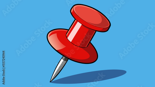red push pin thumbtack 3d office supplies organization planning tool isolated on blue background.