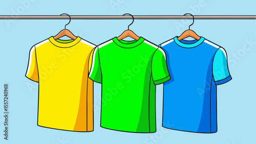 colorful t-shirts hanging rail yellow green blue casual clothing display illustration background.