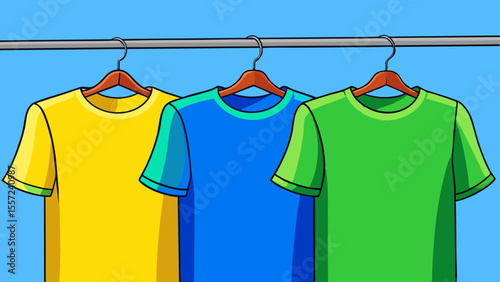 three colorful t-shirts hanging on a rack isolated on blue background.