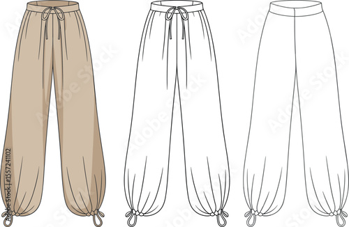 CAD drawing flat vector illustration of women’s loose fit pants with drawstring waist, gathered ankle cuffs, front and back views, fashion technical sketch.