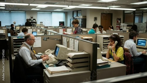 Busy 1980s office workers at cubicles using computers and phones.