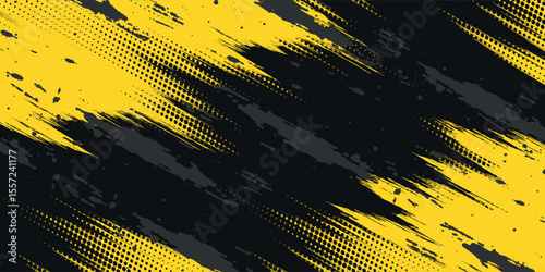 Abstract Geometric Yellow Frame Grunge Texture With Halftone Pattern Design In Black Background