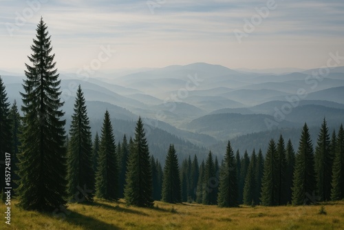 Vast scenic view of a foggy mountain landscape from a high peak, featuring lush evergreen forests and distant rolling hills