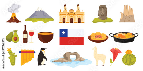 Culture of Chile, national symbols and landmarks, famous food and wine set. Santiago Metropolitan Cathedral, El Tatio geyser and Moai stone statues of Easter Island cartoon vector illustration