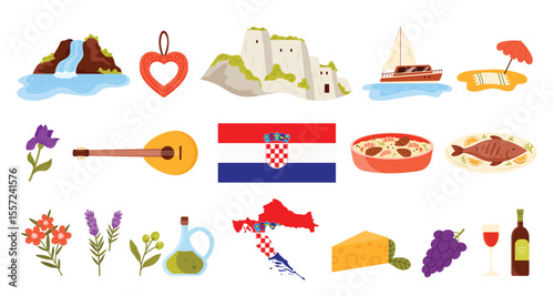 Travel to Croatia set, culture elements and Croatian architecture and nature landmarks. Seafood and grilled fish, buildings of Old Town, map and flag of Croatia, wine cartoon vector illustration