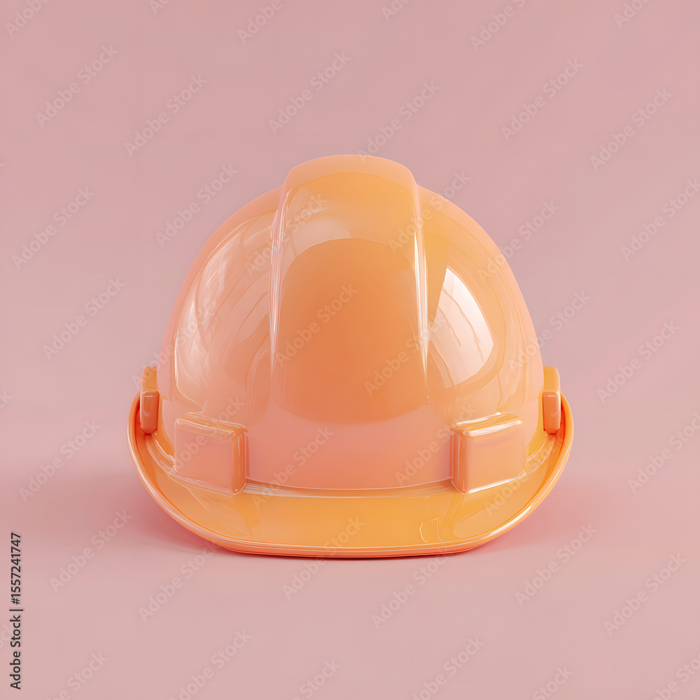 Fototapeta premium A peach-colored construction hard hat sits centered against a solid pink background in a studio shot.