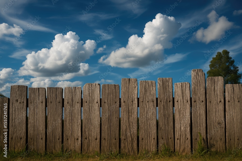 Fototapeta premium Rustic timber barrier set against a striking azure sky