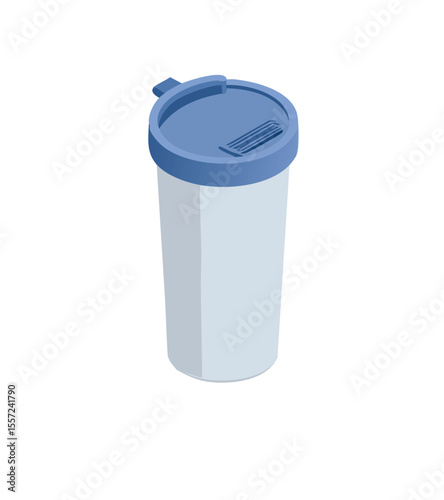 Insulated travel mug with blue lid and handle