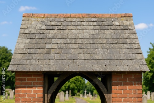 Ancient tiled and brick canopy roof marking the entrance to a burial site