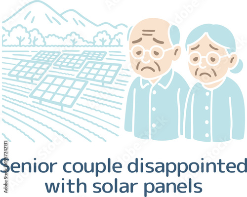 大量の太陽光パネルにがっかりするシニア夫婦（主線なし）
Senior couple disappointed by the large number of solar panels (no main lines)