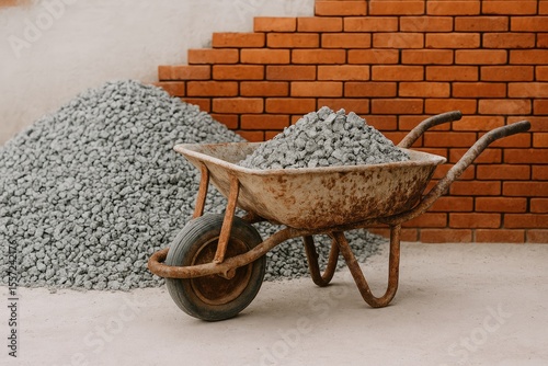 Vintage rusted mortar cart filled with shattered granite and a mound of red bricks photo