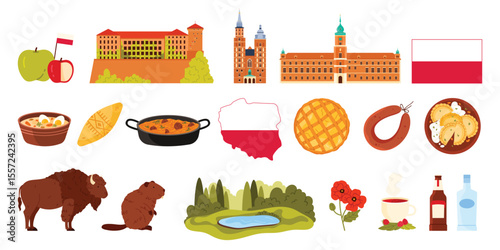 Poland travel elements and culture symbols in infographic set. Flag and map of Poland, Polish cuisine and nature landscape with animals, vodka bottle and dumplings cartoon vector illustration
