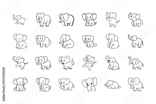 A Delightful Collection of Adorable Cartoon Elephant Illustrations Portraying Various Poses and Expressions for Children's Books and Designs