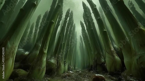 Rows of green asparagus spears reaching upwards into a misty sky