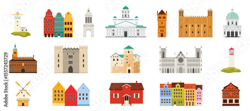 Traditional iconic buildings set from Scandinavian and Nordic regions, including lighthouses, castles, churches, and wooden houses. Represents regional architectural identity vector illustration. photo