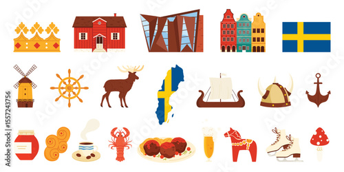 Travel to Sweden, elements of culture and animals, old and modern landmarks set. Swedish flag, crown and map, buildings and traditional food, ship and helmet of viking cartoon vector illustration