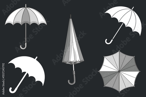 Illustration of multiple umbrellas in different colors and angles, flat vector weather design, minimal rain gear collection, cartoon umbrellas set for print, web, decor, and educational materials
