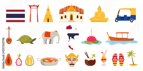 Travel to Thailand, culture and traditional architecture landmarks, festival elements and food set. Thai Demon Mask and Bangkok palace, ancient pagoda and temple, durian cartoon vector illustration