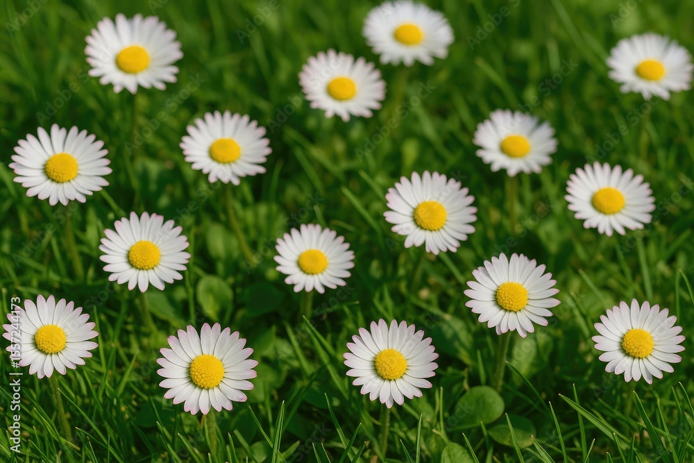 Fototapeta premium Close-up of tiny white and pink daisies in the grass