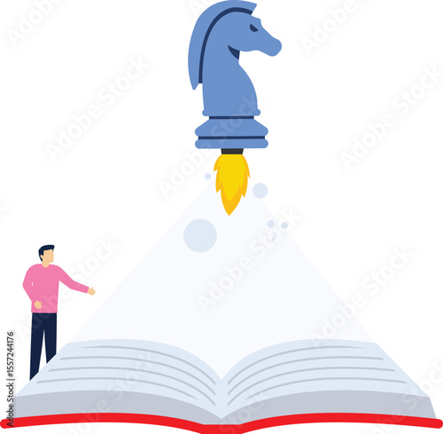 Proactive Business Strategy Book. Businessman firing rockets on a chess horse vector

