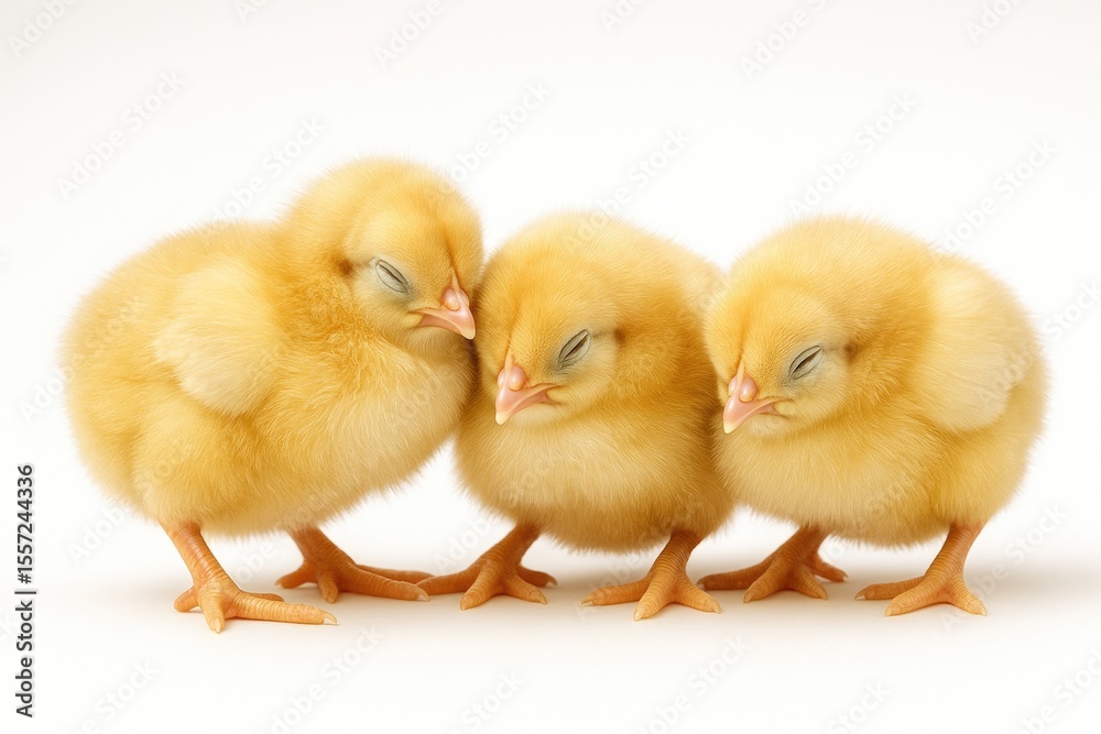 Fototapeta premium Resting baby chicks against a white backdrop