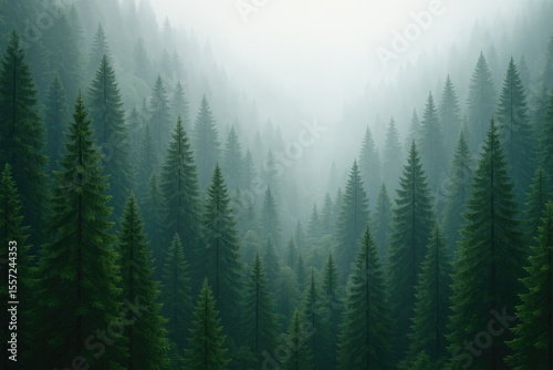 Gentle mist enveloping a lush green mountain forest of conifers