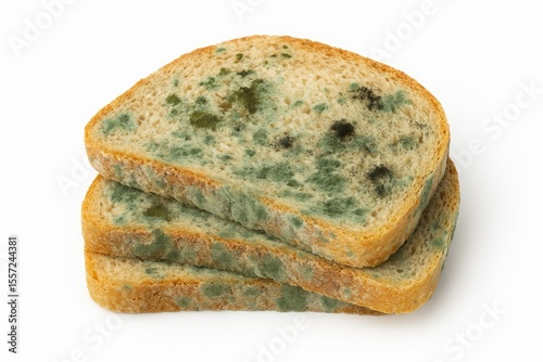 Moldy bread slices on a plain white surface