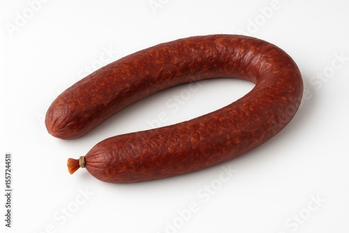 Whole traditional horsemeat sausage from the Netherlands on a plain white backdrop