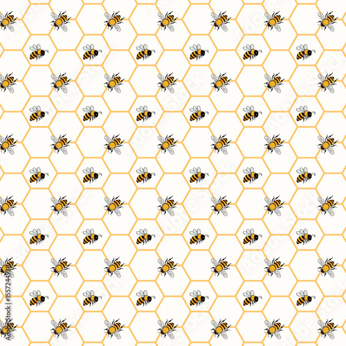 White background with honeycombs.Vector seamless pattern with bees and honeycombs on a white background.