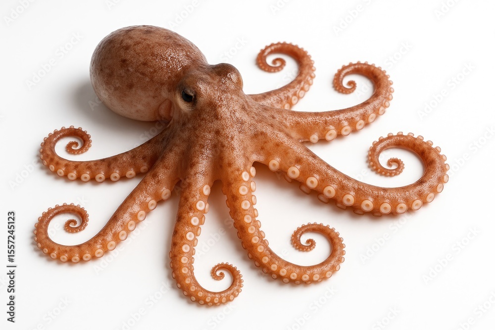 Small octopus on a plain white backdrop, served as seafood dish. Small octopus on a plain white backdrop, served as seafood dish.
