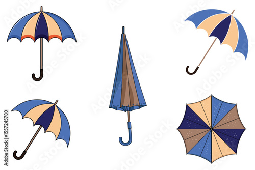 Cartoon umbrella set in vibrant pastel colors, vector weather elements for kids, seamless and fun rainy season illustrations, minimal rain gear collection for apps, fabric, posters, and cards

