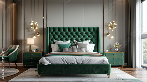 Art deco bedroom with emerald green velvet bed frame, mirrored side tables, and gold geometric light fixtures.