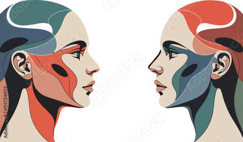 Abstract faces facing each other in a stylized manner, perfect for modern art prints or conceptual branding designs, creative projects, or sophisticated layouts.