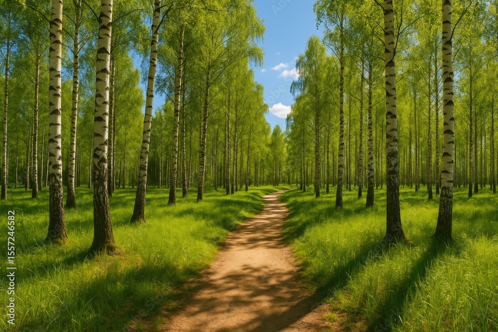 Fototapeta premium Sunlit trail through a birch woodland
