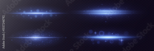 Horizontal neon linear rays, explosion of glitter. Blue flashes of light, glowing line.Vector.EPS 10.