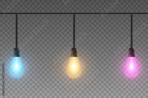 Collection of realistic glowing lamps hanging on a wire. Glowing bulbs. On a transparent background. Vector.